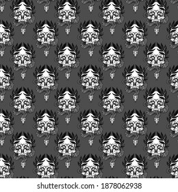 Seamless background. Wreaths, snakes and skulls. Design for fabrics, textiles, paper, wallpaper, web. Vintage style.   Black and white.
