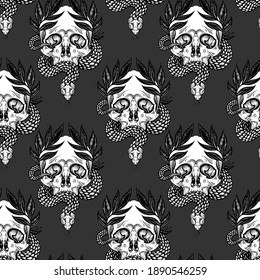 Seamless background. Wreaths, snakes and skulls. Design for fabrics, textiles, paper, wallpaper, web. Vintage style.   Black and white.