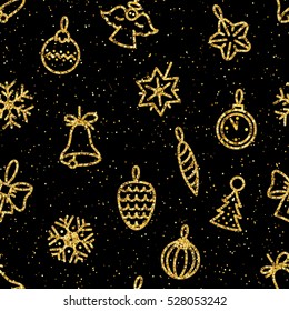 Seamless background with Xmas and new year tree decorations. Golden glitter style.