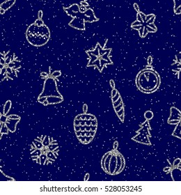 Seamless background with Xmas and new year tree decorations. Silver glitter style.
