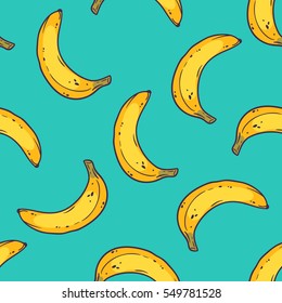 Seamless background with yellow bananas on blue. Vector cartoon illustration.