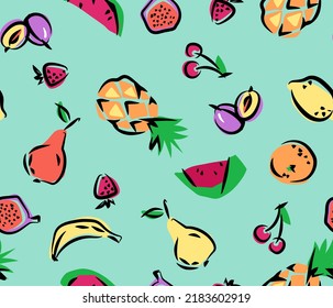 
Seamless background with yellow bananas, pineapples and juicy strawberries on a mint green background. Cute vector background. Illustration of bright summer fruits. Fruit mixture design for fabric