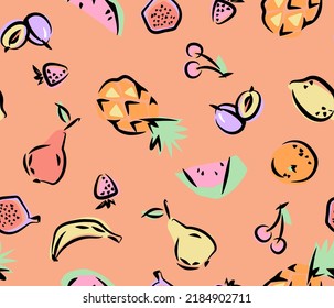 Seamless background with yellow bananas, pineapples and juicy strawberries on peach background. Cute vector background. Illustration of bright summer fruits. Fruit mixture design for fabric