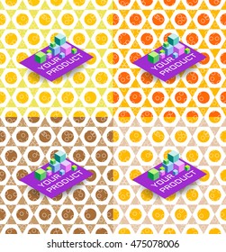 Seamless background of yellow, brown, orange triangle and circle pattern for product presentation. Basis for display of goods. Vector