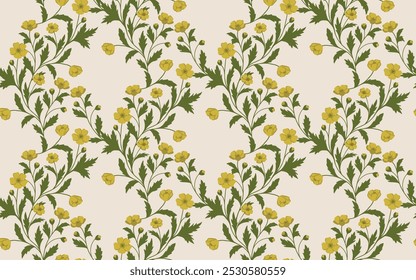 Seamless background with yellow buttercup flowers ans green leaf, stylish vintage pattern for wallpaper, textile, wedding invitation