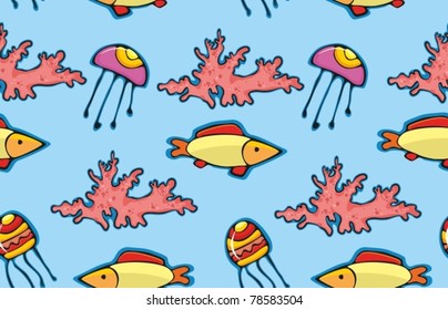seamless a background with yellow fish a pink coral and a jellyfish