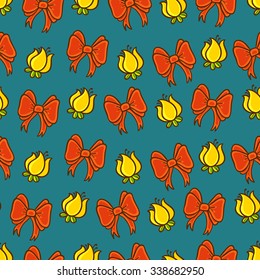 Seamless background with yellow flowers and red bows