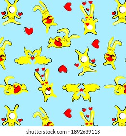 Seamless background with yellow hares with long ears, hearts and eggs.