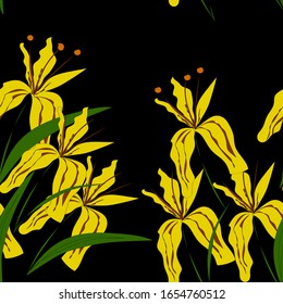 seamless background yellow irises flowers on a black background
