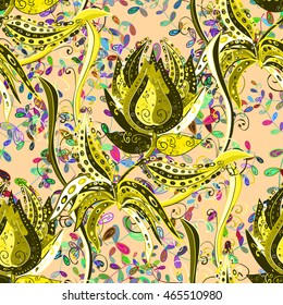 seamless background with yellow leaves with colorful elements. Vector.