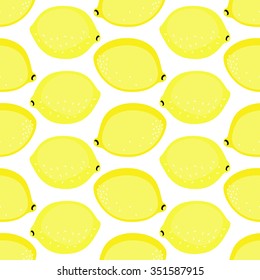 Seamless background with yellow lemons. Cute vector lemon pattern. Summer fruit illustration on white background.