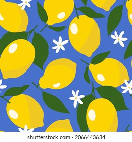 
Fondo sin foco con limones amarillos. Fondo de fruta repetido. Impresión vectorial brillante para tela o papel de envoltura