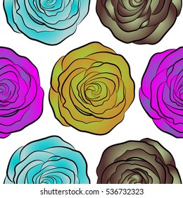 Seamless background in yellow, neutral and violet roses. Vector seamless background with colored spots.