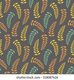 Seamless background with yellow, orange, blue branches with leaves on gray background. Abstract seamless pattern in vector for wrapping paper, web wallpaper, fabric and more