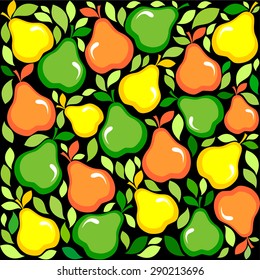 Seamless background with yellow, orange and green pears. Vector Illustration