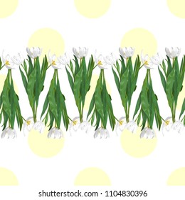 Seamless background with yellow polka dots and white tulips border
