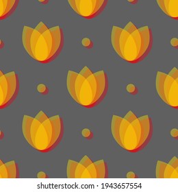Seamless background. Yellow - red abstract tulips on a gray background. Dots and flowers. 