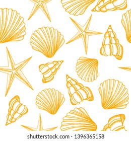 Seamless background with yellow shells. Summer vector design. Seamless pattern can be used for pattern fills, wallpaper, web page background, surface textures.