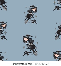 Seamless background of young cheerful witches with black cats flying  on broomstick in Halloween