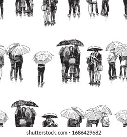 Seamless background of young citizens standing under umbrellas in rain