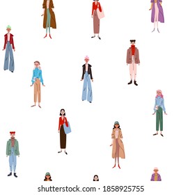 Seamless background with young women. Female group of figures of various girls in casual fashionable clothes on a white background. Tile vector stock colorful illustration in cartoon style.
