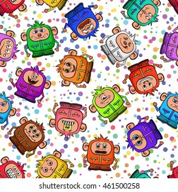 Seamless Background for Your Design with Cartoon Monsters in Overalls with Different Faces and Emotions, Colorful Tile Pattern with Cute Funny Characters. Vector