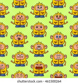 Seamless Background for Your Design with Cartoon Monsters in Overalls with Different Faces and Emotions, Colorful Tile Pattern with Cute Funny Characters. Vector