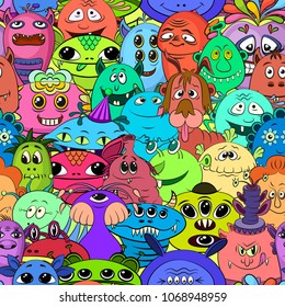 Seamless Background for your Design with Different Cartoon Monsters, Colorful Tile Pattern with Cute Funny Characters. Vector