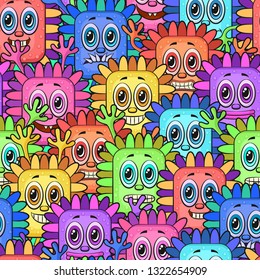 Seamless Background for your Design with Different Cartoon Monsters, Colorful Tile Pattern with Cute Funny Characters. Vector