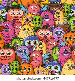 Seamless Background for your Design with Different Cartoon Monsters, Colorful Tile Pattern with Cute Funny Characters. Vector