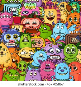 Seamless Background for your Design with Different Cartoon Monsters, Colorful Tile Pattern with Cute Funny Characters. Vector