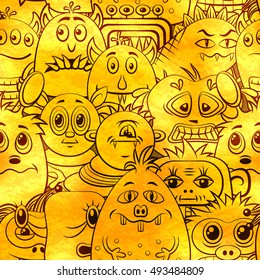 Seamless Background for your Design with Different Cartoon Contour Monsters, Tile Pattern with Cute Funny Characters, Visible Through the Monotone Yellow Color Filter. Eps10 Vector