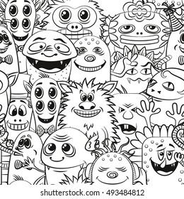 Seamless Background for your Design with Different Cartoon Contour Monsters, Black and White Tile Pattern with Cute Funny Characters. Vector