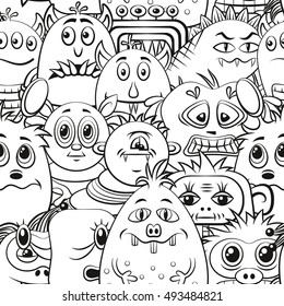 Seamless Background for your Design with Different Cartoon Contour Monsters, Black and White Tile Pattern with Cute Funny Characters. Vector