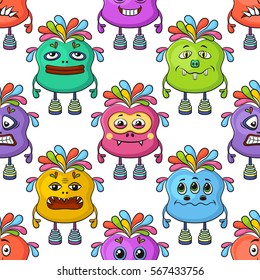 Seamless Background for your Design with Different Cartoon Monsters, Colorful Tile Pattern with Cute Funny Characters. Vector