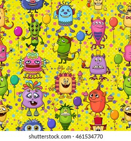 Seamless Background for Your Holiday Party Design with Different Cartoon Monsters, Colorful Tile Pattern with Cute Funny Characters, Feasting with Balloons, Sparklers and Cocktails. Vector