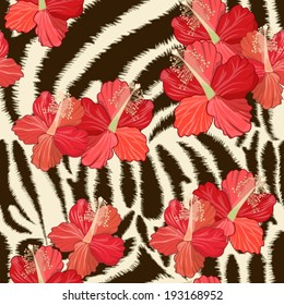 Seamless background with zebra skin and hibiscus flowers