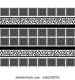 Fondo sin inconvenientes con rayas de cebra y puntos de leopardo.Diseño en blanco y negro. Animales africanos. Ilustración vectorial para diseño web o impresión.