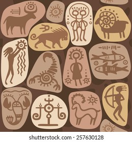 Seamless background: zodiac signs. Horoscope. Ethnic style. Petrographic.