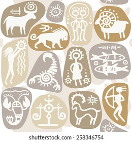 Seamless background: zodiac signs. Horoscope. Ethnic style. 