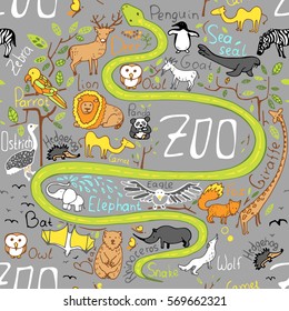 Seamless background of zoo. There are signed wild animals.