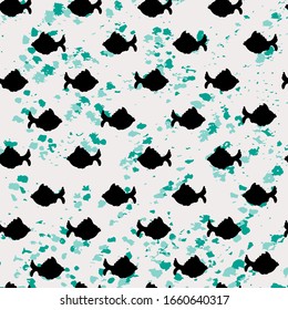 
Seamless background with zoomorphic ornament in the form of a silhouette of small black fishes. The background has a two-color texture that imitates water.
Vector graphics for print, fabric, packagin