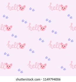 Seamless background.Funny pig back and lettering "Hello 2019" for your design. Symbol of the new year 2019. Hand lettering typography