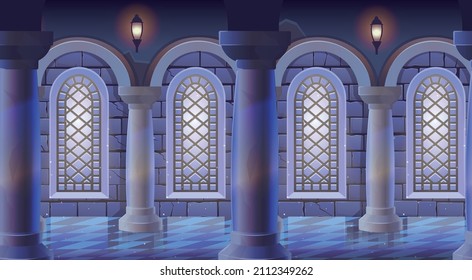 Seamless background.Medieval castle room with stained glass windows, columns marble floor and stone wall. Interior of ancient Palace. Background for games Vector illustration of cartoon corridor.