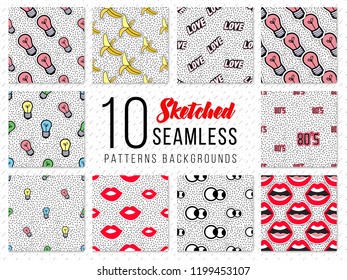 Seamless backgrounds with 80s style fashion patches. Design kit with 10 patterns for decoration clothes, bags and fashion accessories.