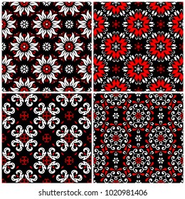 Seamless backgrounds. Black white and red classic sets with floral patterns for wallpapers, textile and fabrics