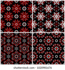 Seamless backgrounds. Black white and red classic sets with floral patterns for wallpapers, textile and fabrics