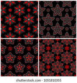 Seamless backgrounds. Black white and red classic sets with floral patterns for wallpapers, textile and fabrics