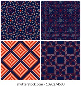 Seamless backgrounds. Blue beige and red classic sets with geometric patterns for wallpapers, textile and fabrics