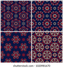 Seamless backgrounds. Blue beige and red classic sets with floral patterns for wallpapers, textile and fabrics